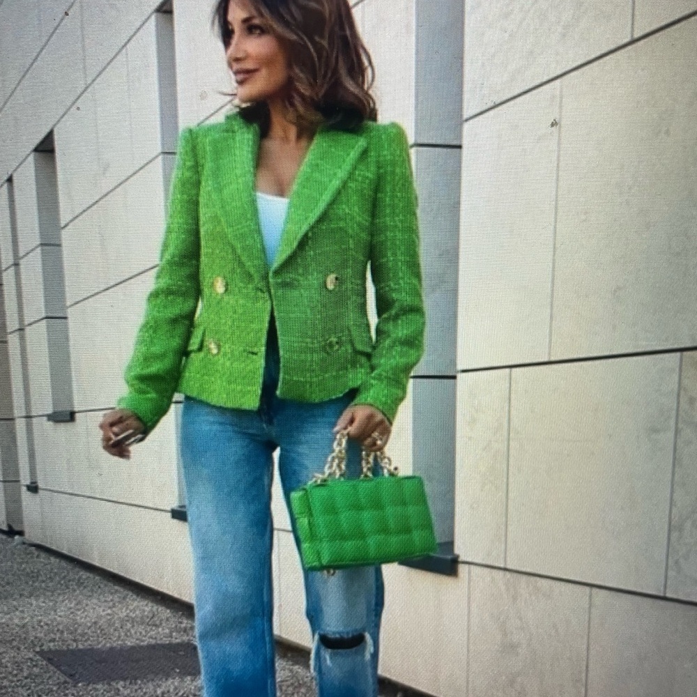 ZARA Cropped  LIME GREEN Tweed Textured DOUBLE BREASTED JACKET Gold Buttons S!